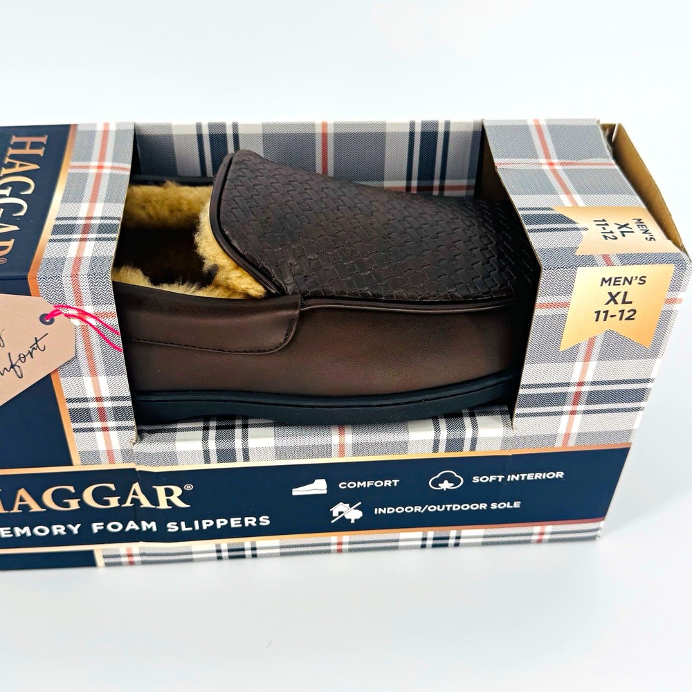 Haggar Mens Memory Foam Slip-On Slippers Brown Faux Leather US 11-12 XL